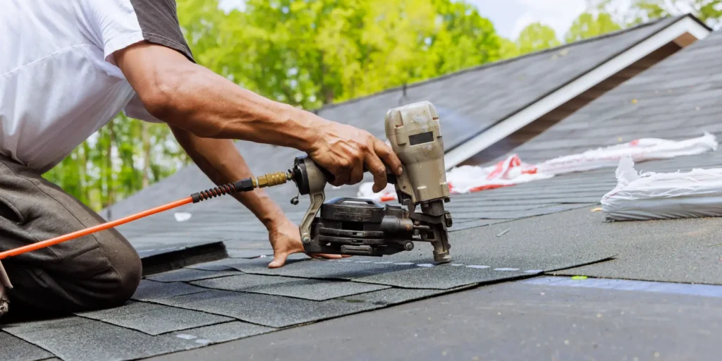 Roofer uses a nail gun during same-day roof repair Boston service to secure shingles and help stop roof leaks fast today. 