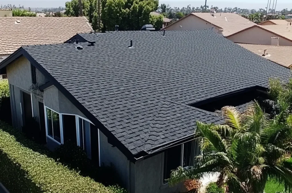 Aerial view of a home with new asphalt shingles, often checked during a roof inspection to confirm overall roof condition