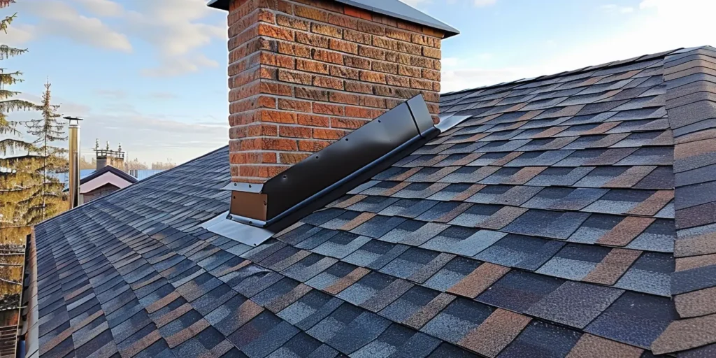 Close-up of roof flashing around a brick chimney, where a roof inspection helps identify leaks and wear early