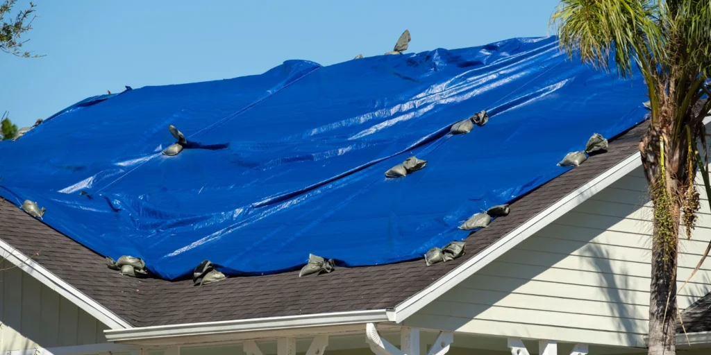 Blue tarp covers damaged roof during emergency roof leak repair to stop rainwater from entering the home after storm damage.