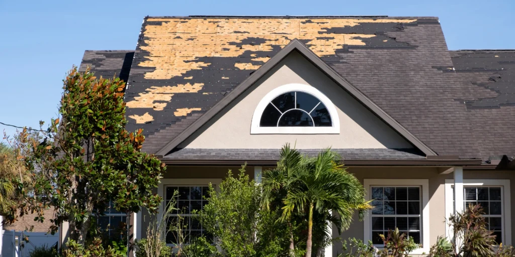 Wind-damaged asphalt roof with missing shingles shows urgent roof repairs needed before leaks spread inside the home fast. 