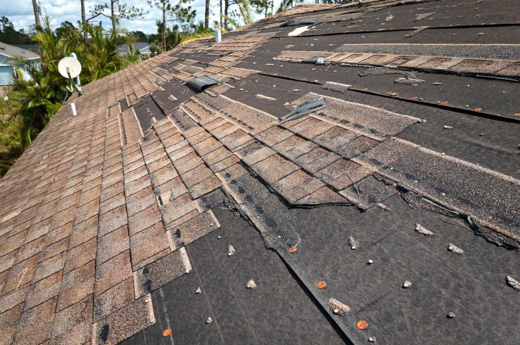 Damaged shingles and exposed underlayment show roof leak inspection details during emergency roof repair service in Boston. 