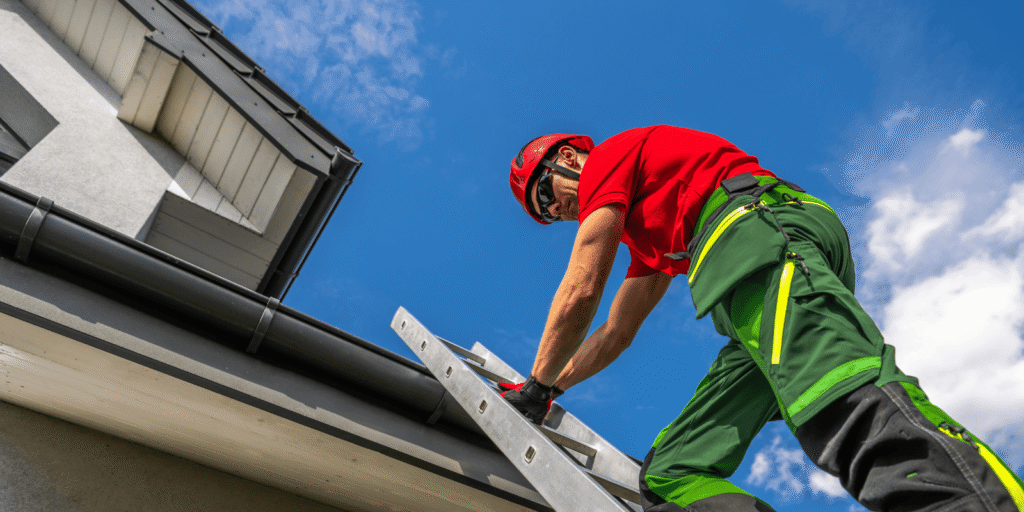 Roofer climbs a ladder to inspect a home’s roof during a professional Boston roof inspection before a property purchase.