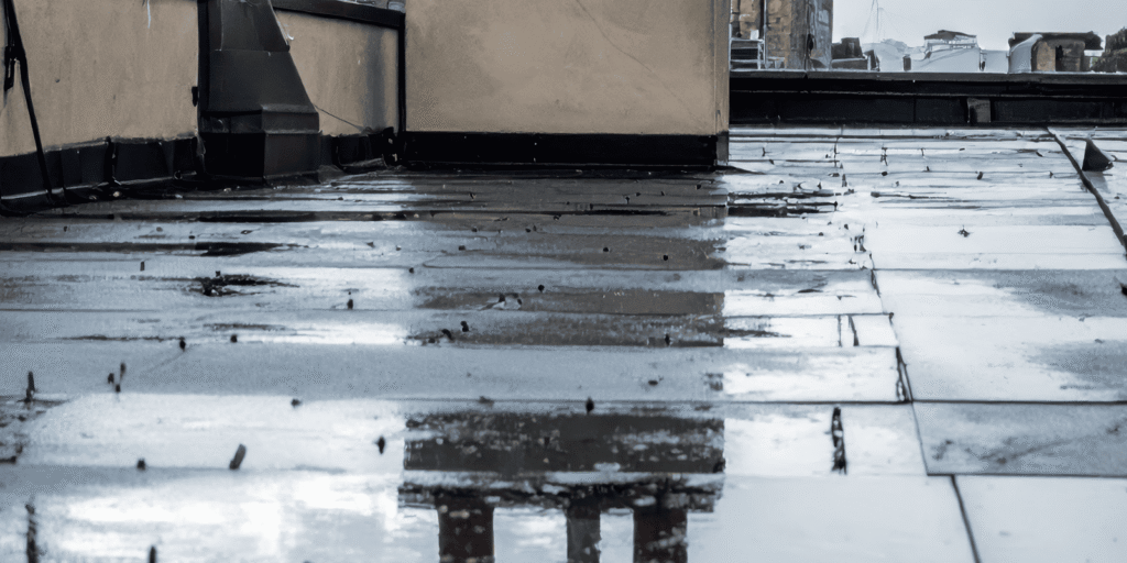 Standing water pooling on a flat roof membrane near a chimney, a common flat roof leak sign Boston owners often miss