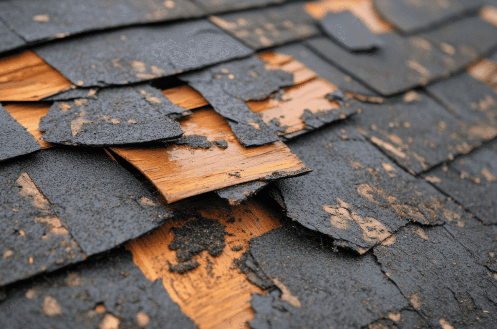 Broken asphalt shingles and exposed roof decking show clear damage found during a professional residential roof inspection. 