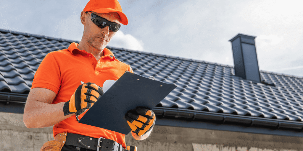 Roof inspector records visible warning signs during a professional Boston roof inspection of a residential property exterior.  