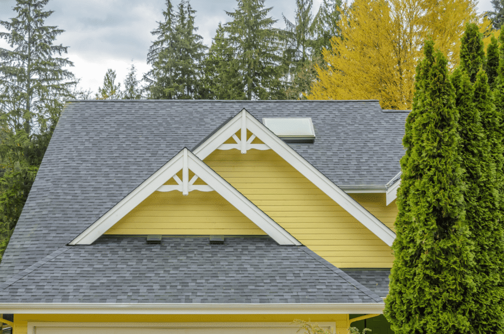 Residential shingle roof with skylight and vents showing the finished result of a roof replacement and installation process.