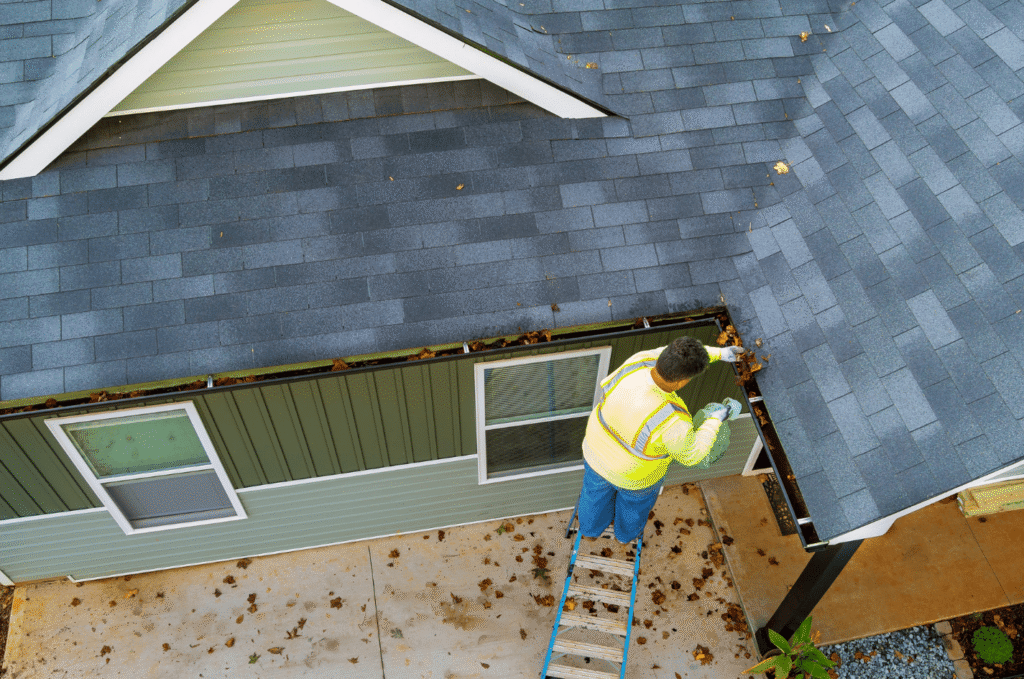 Worker cleans leaves from home gutters during a roof maintenance inspection to check drainage around a shingle roof.