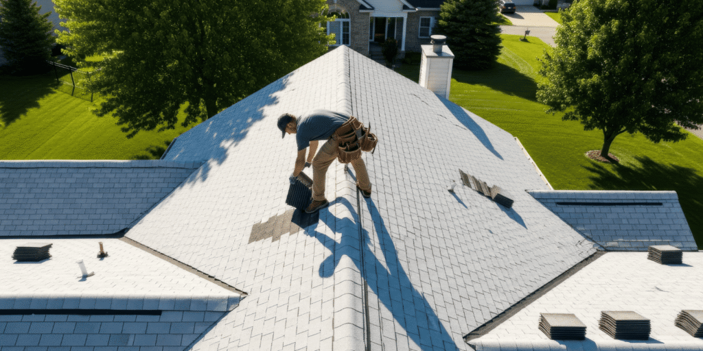 Aerial view of a roofer replacing shingles on a residential roof where repair may no longer be enough for Boston houses.